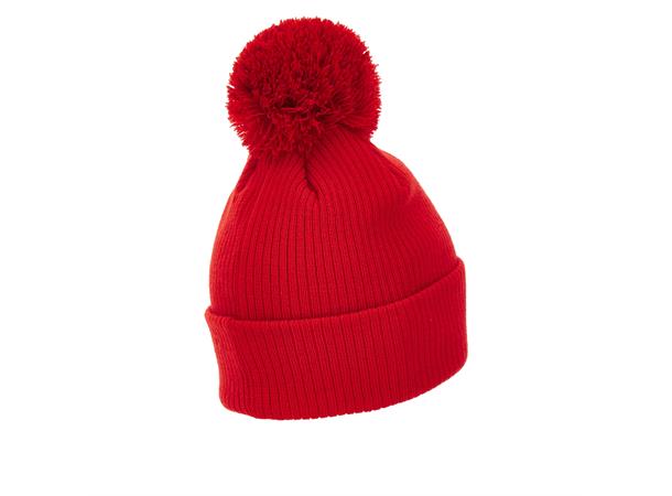 Snow PomPom Beanie RED SR Klassisk lue med stor dusk 
